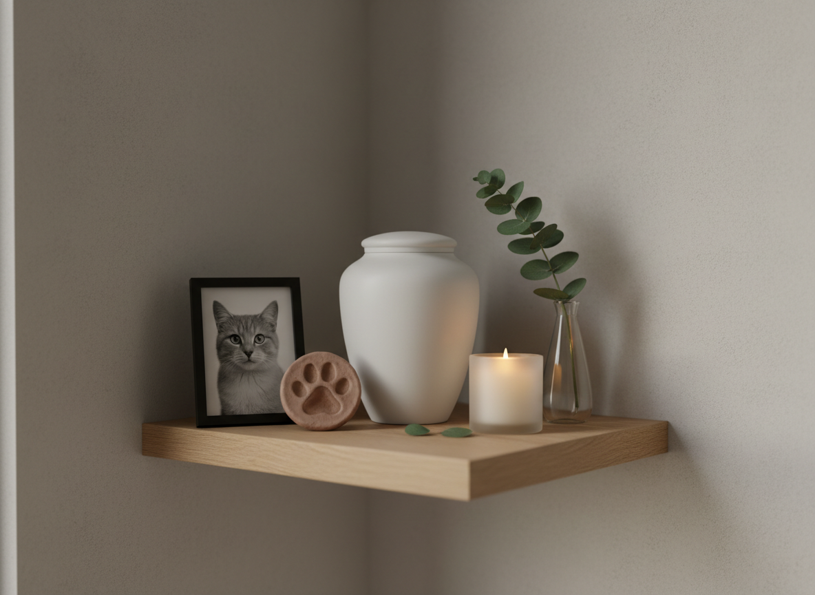 A small, tastefully arranged memorial corner for a beloved pet, featuring a light oak shelf with a smooth, matte-finished white urn, a framed black-and-white photo of a cat, and a clay paw-print keepsake. A single white candle in a frosted glass holder glows softly beside a sprig of fresh eucalyptus in a slender glass vase. The setting is a quiet, contemporary room with neutral walls and a subtle textured backdrop. Warm, indirect lighting creates gentle reflections on the glass and delicate shadows behind the objects. Photographic realism, captured from a slightly elevated angle with balanced composition, evoking a respectful, professional, and serene atmosphere suitable for a pet euthanasia and memorial service website.