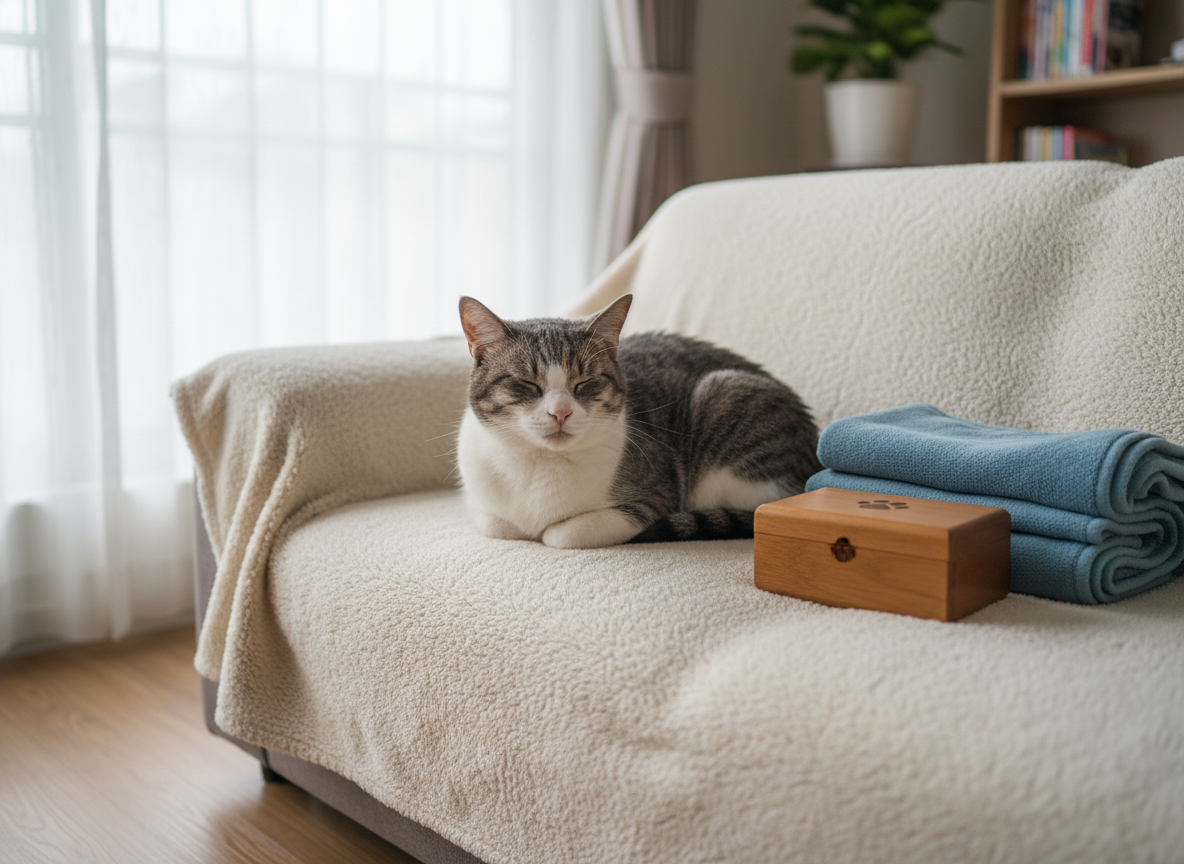 A tranquil scene of a senior gray tabby cat resting comfortably on a plush, cream-colored blanket atop a low sofa, its body curled and expression content. Next to the cat lies a neatly folded, soft blue fleece and a small wooden box with a discreet engraved paw icon on the lid. The room is softly lit by overcast daylight streaming through a large window with sheer curtains, creating an even, gentle illumination and very soft shadows. Photographic realism, framed using the rule of thirds with a moderate depth of field to keep the cat and keepsake box in sharp focus while the background softly fades. The mood is deeply peaceful, intimate, and reassuring, suggesting compassionate in-home end-of-life care for pets.