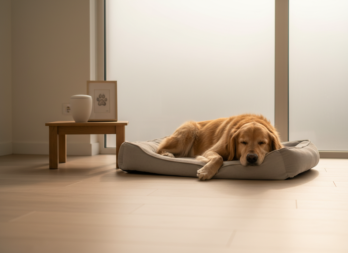 A calm, dignified golden retriever lying on a soft, pale gray pet bed, its fur neatly groomed and eyes gently closed, breathing peacefully. The dog is positioned in a quiet, minimalist veterinary room with light wood floors and a single low table holding a small white ceramic urn and a simple framed paw-print illustration. Soft, diffused afternoon light filters in from a frosted window, creating gentle highlights along the dog’s coat and subtle shadows around the bed. Photographic realism, shot at eye level with a shallow depth of field that blurs the background, emphasizing serenity and respect. The mood is professional yet deeply compassionate, conveying a peaceful farewell in a clean, modern setting.
